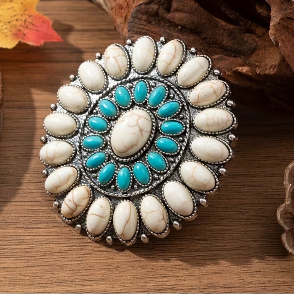 Boho Statement Brooch Turquoise & Cream Colored Zinc Alloy Brooch NEW